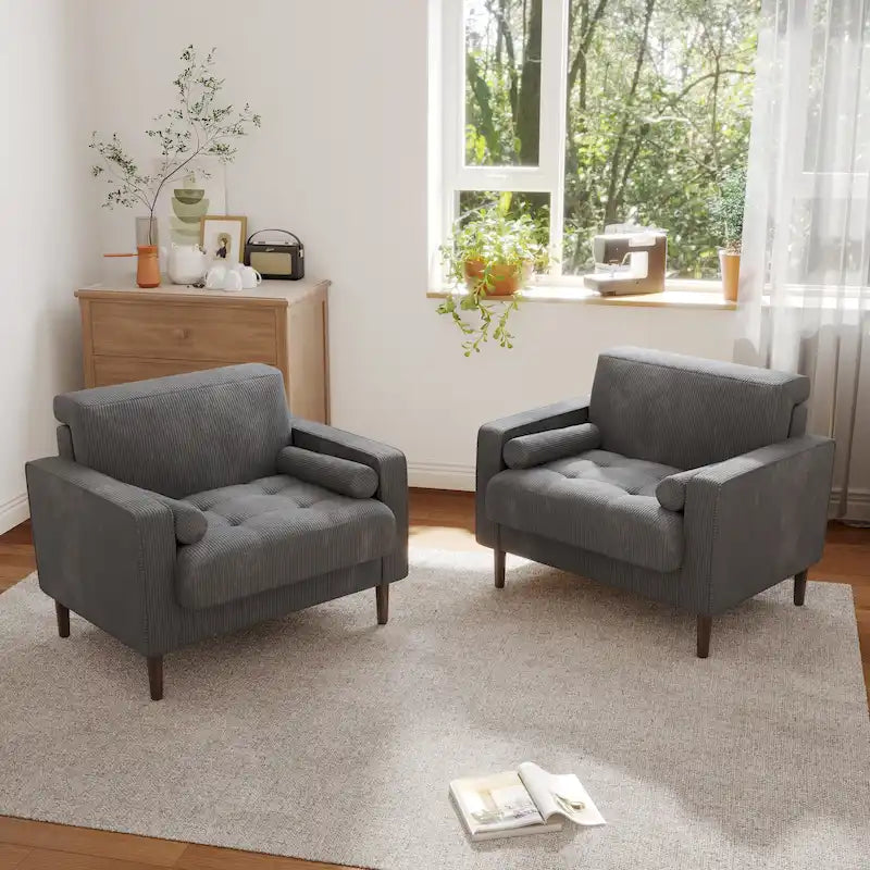 Lot de 2 fauteuils d'appoint surdimensionnés en velours côtelé avec pieds en bois