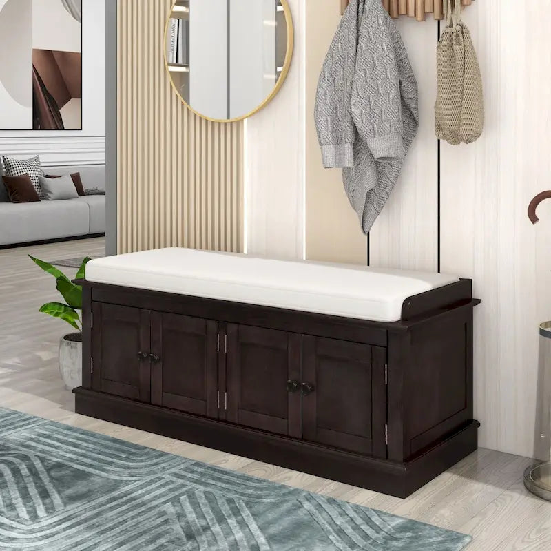 Banc à chaussures de rangement avec 4 portes et étagères réglables, coussin amovible