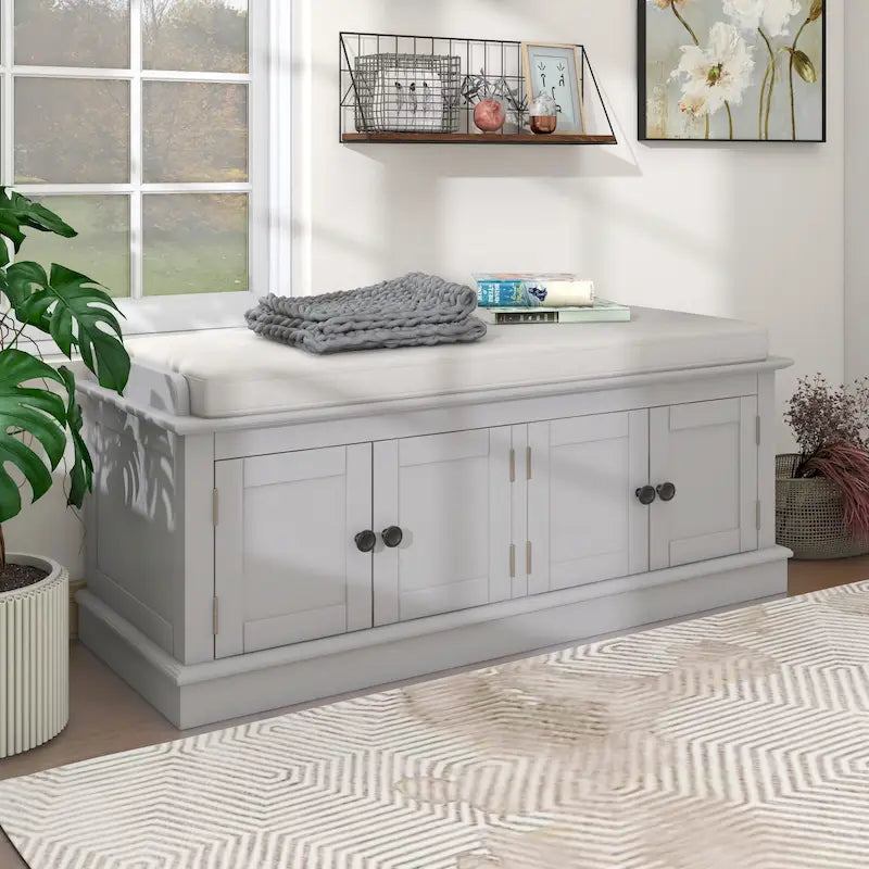 Banc à chaussures de rangement avec 4 portes et étagères réglables, coussin amovible