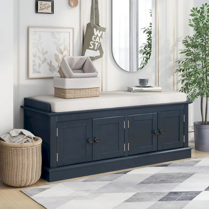 Banc à chaussures de rangement avec 4 portes et étagères réglables, coussin amovible