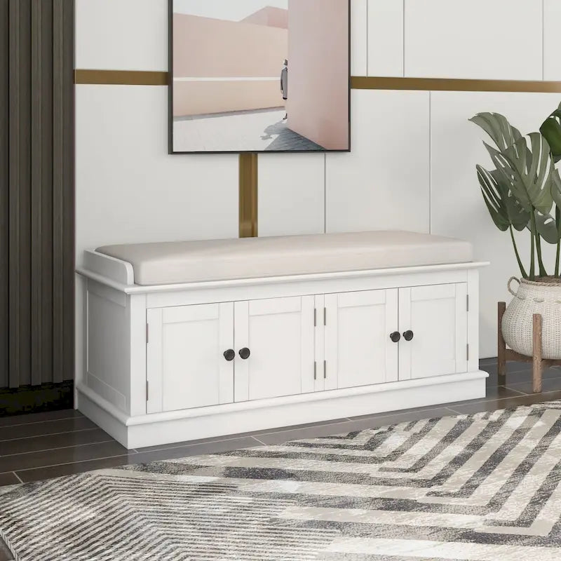 Banc à chaussures de rangement avec 4 portes et étagères réglables, coussin amovible