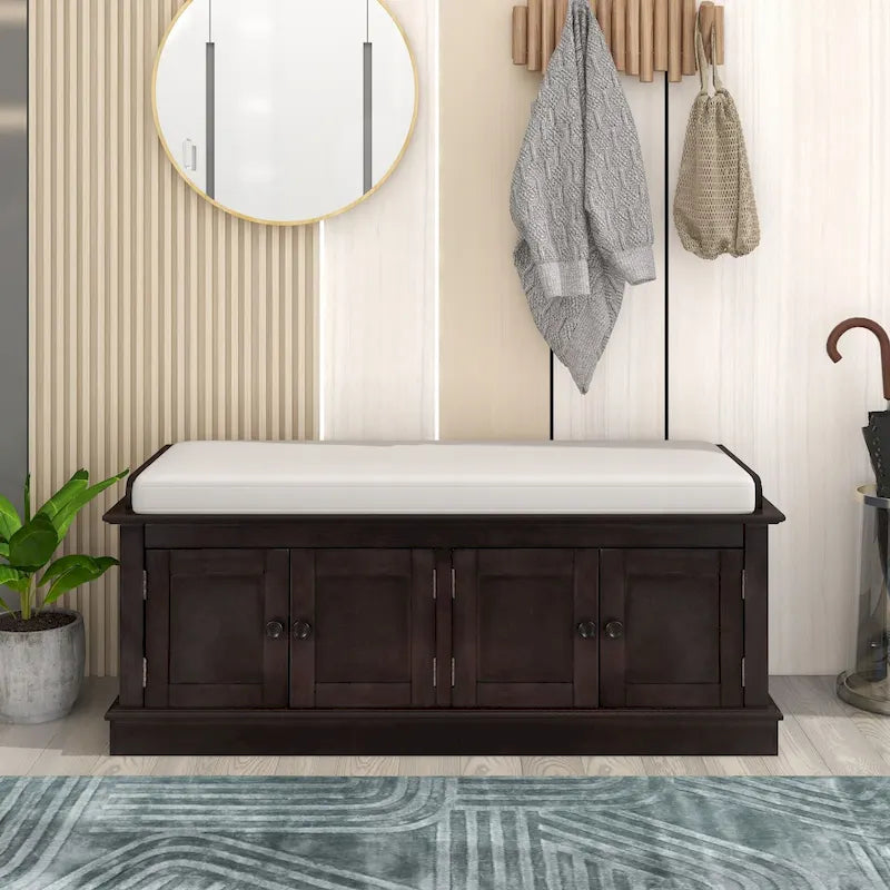Banc à chaussures de rangement avec 4 portes et étagères réglables, coussin amovible