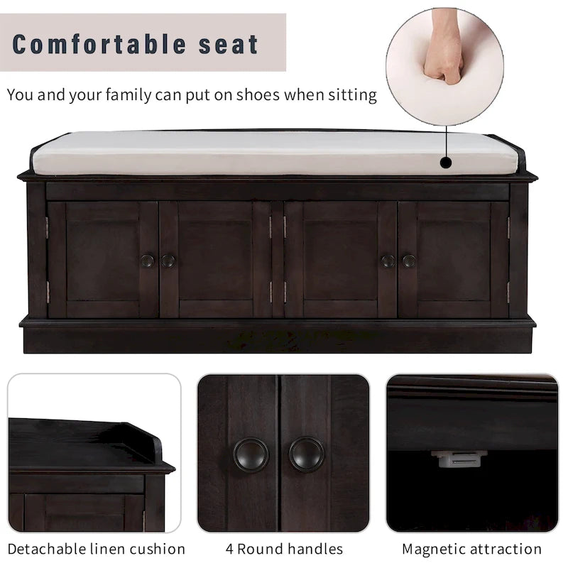 Banc à chaussures de rangement avec 4 portes et étagères réglables, coussin amovible