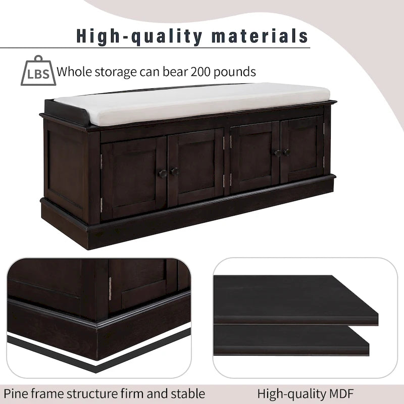 Banc à chaussures de rangement avec 4 portes et étagères réglables, coussin amovible