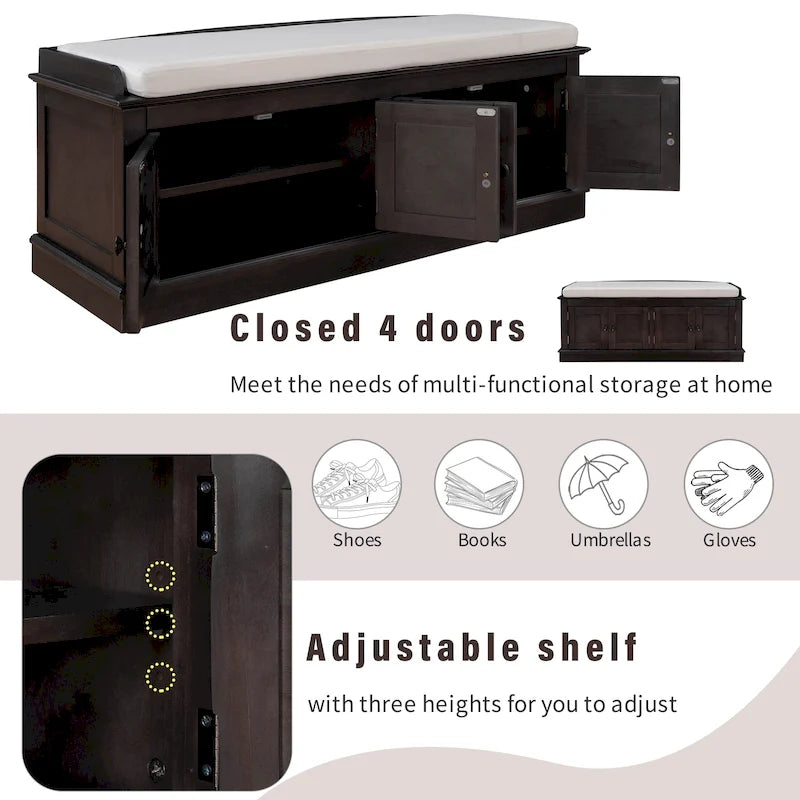 Banc à chaussures de rangement avec 4 portes et étagères réglables, coussin amovible