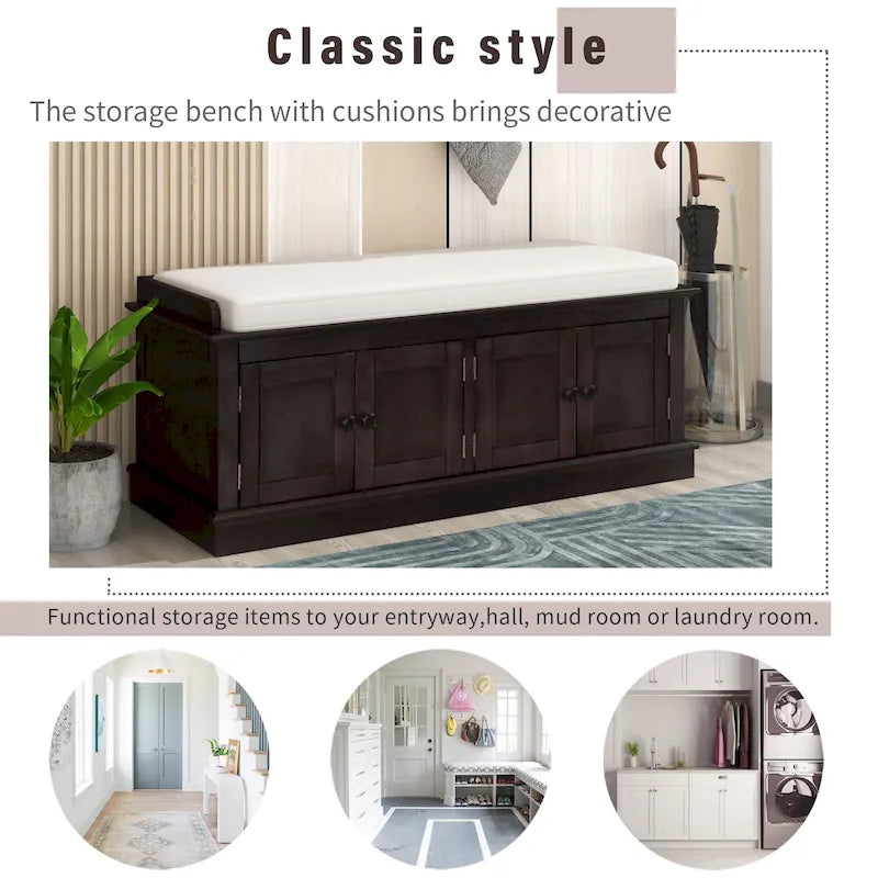 Banc à chaussures de rangement avec 4 portes et étagères réglables, coussin amovible