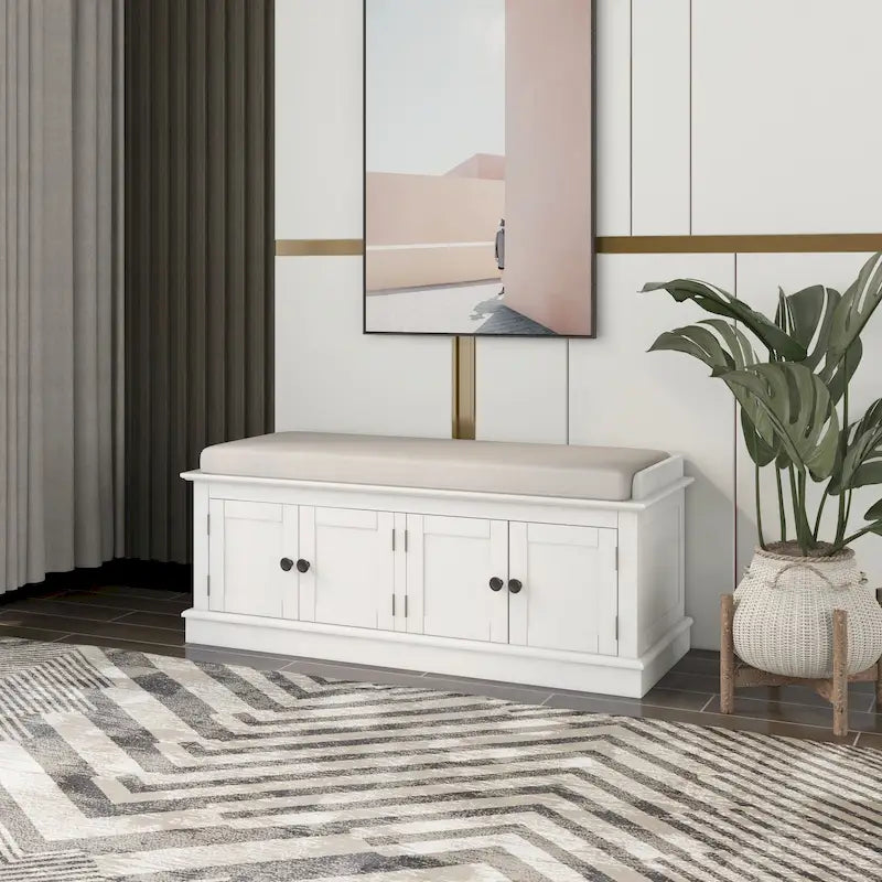 Banc à chaussures de rangement avec 4 portes et étagères réglables, coussin amovible