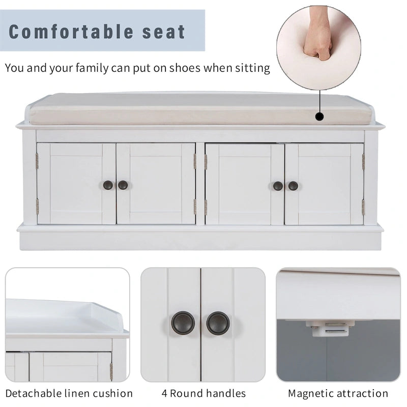 Banc à chaussures de rangement avec 4 portes et étagères réglables, coussin amovible