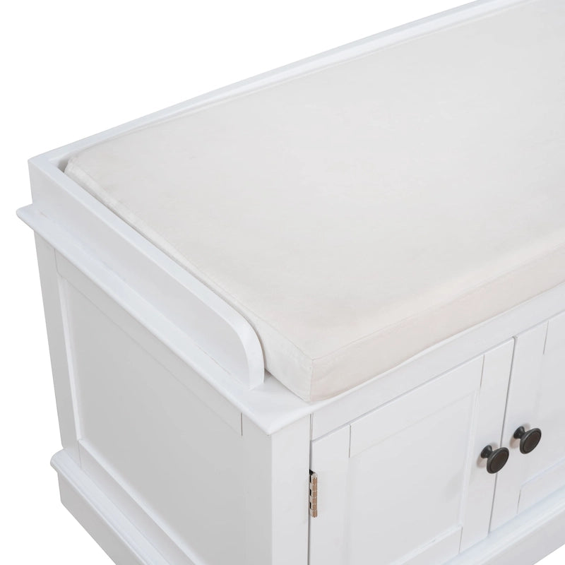 Banc à chaussures de rangement avec 4 portes et étagères réglables, coussin amovible