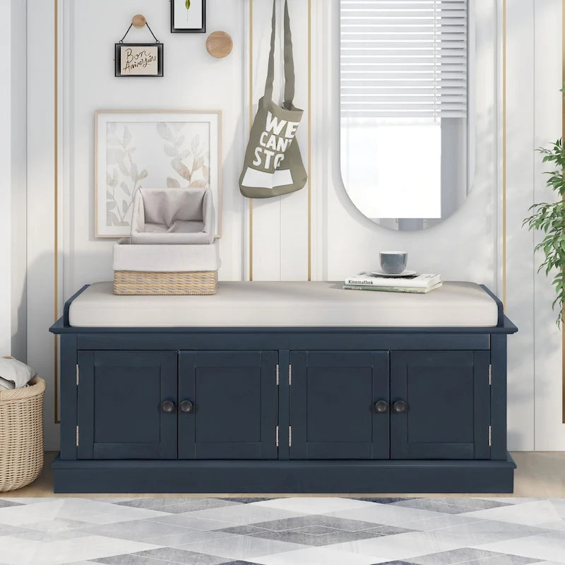 Banc à chaussures de rangement avec 4 portes et étagères réglables, coussin amovible