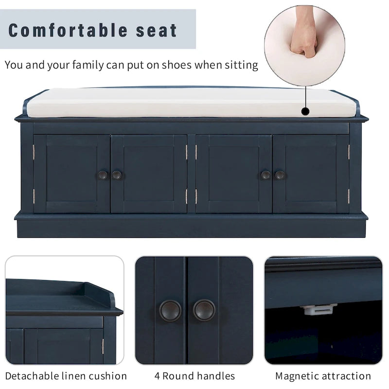 Banc à chaussures de rangement avec 4 portes et étagères réglables, coussin amovible