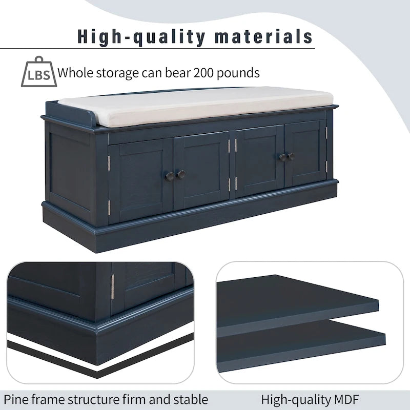 Banc à chaussures de rangement avec 4 portes et étagères réglables, coussin amovible