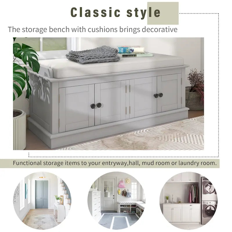 Banc à chaussures de rangement avec 4 portes et étagères réglables, coussin amovible