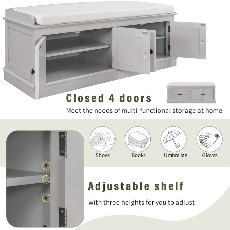Banc à chaussures de rangement avec 4 portes et étagères réglables, coussin amovible