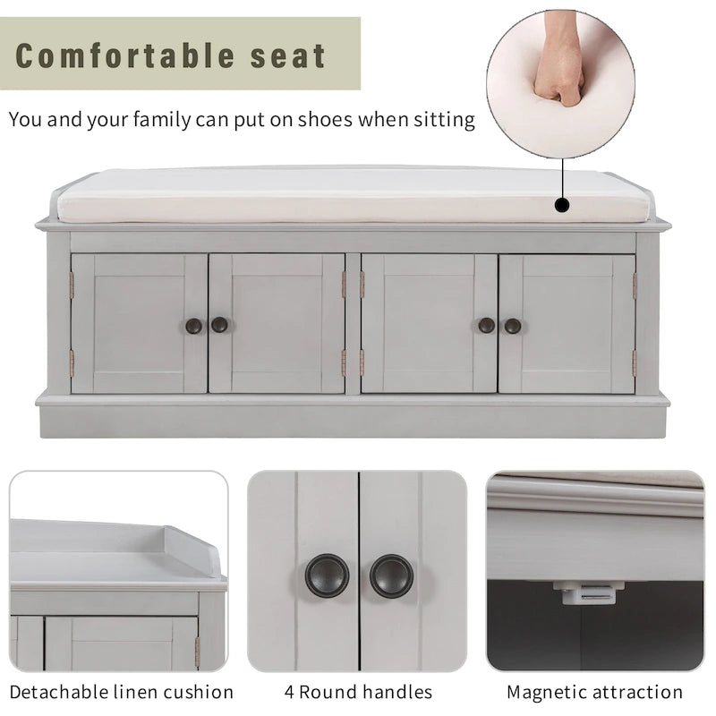Banc à chaussures de rangement avec 4 portes et étagères réglables, coussin amovible