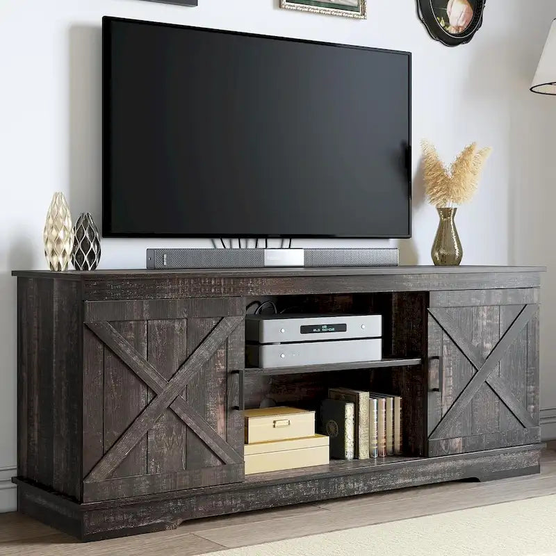 Meuble TV de ferme Moasis avec console média de porte de grange et centre de divertissement avec armoires de rangement