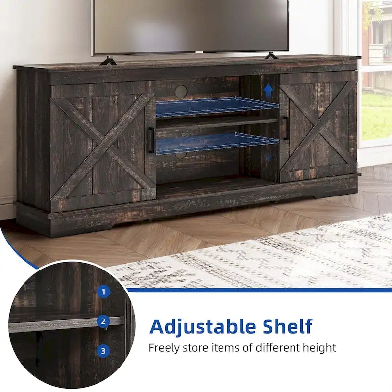 Meuble TV de ferme Moasis avec console média de porte de grange et centre de divertissement avec armoires de rangement