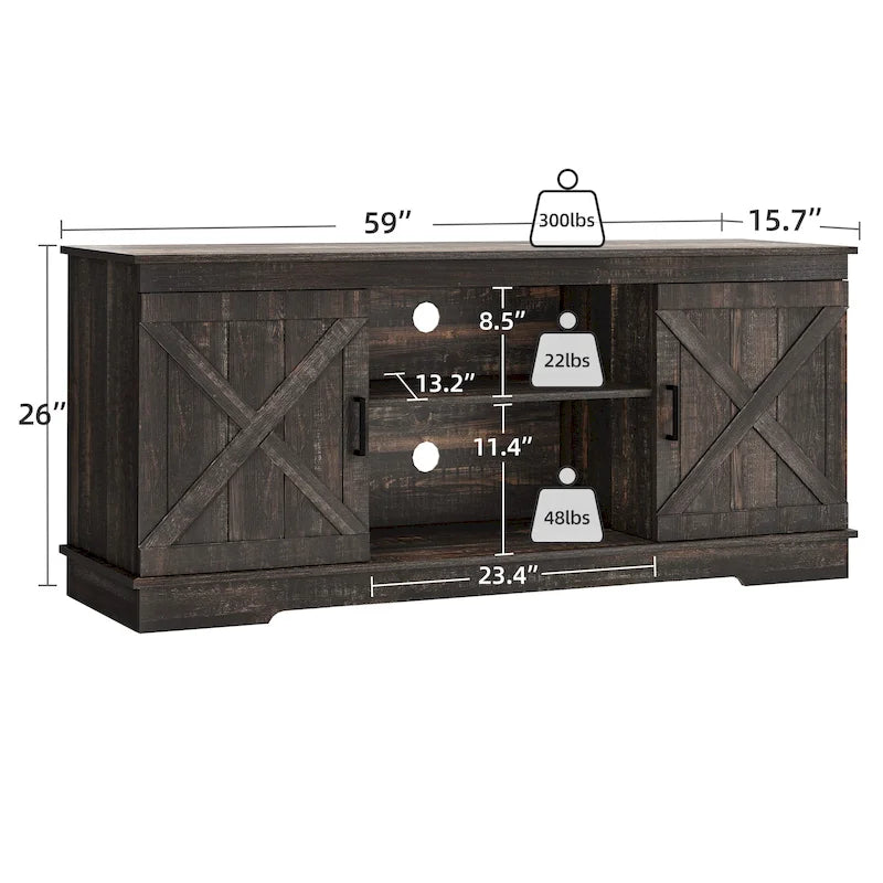 Meuble TV de ferme Moasis avec console média de porte de grange et centre de divertissement avec armoires de rangement