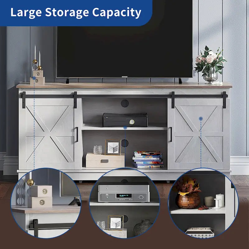 Meuble TV de ferme Moasis avec console média de porte de grange et centre de divertissement avec armoires de rangement