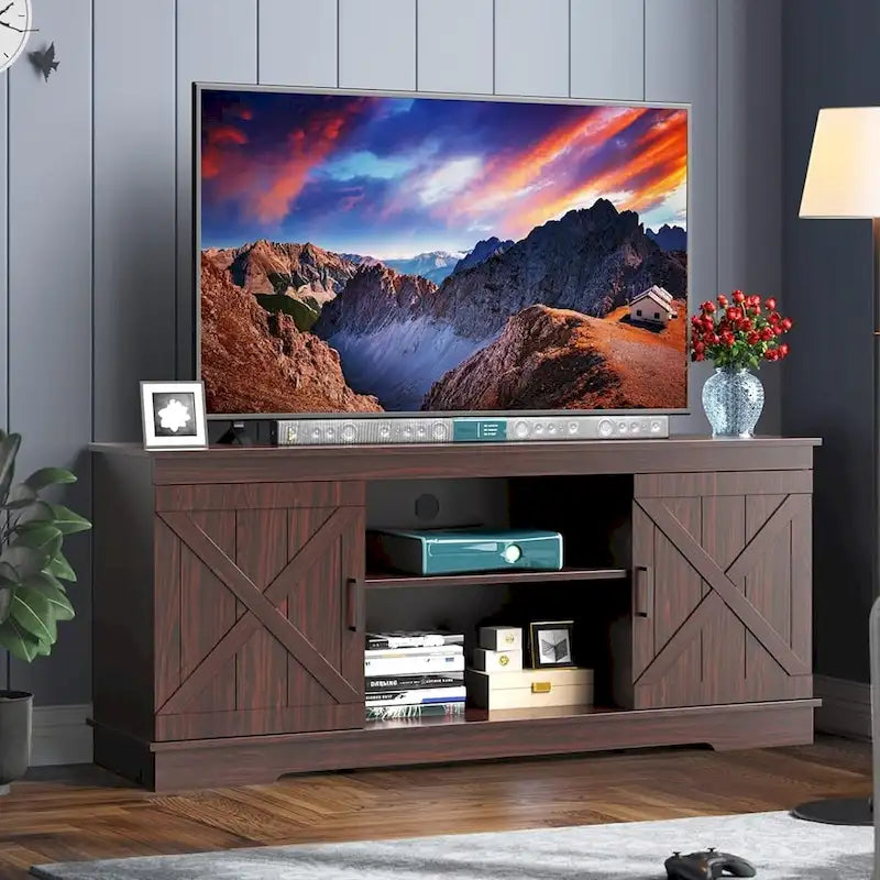 Meuble TV de ferme Moasis avec console média de porte de grange et centre de divertissement avec armoires de rangement