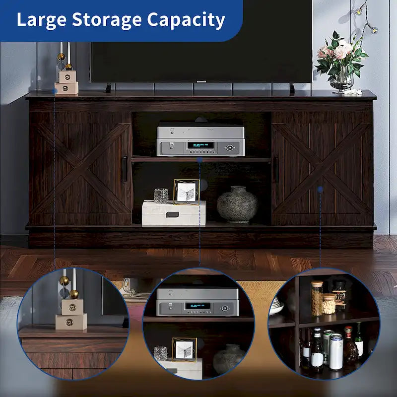 Meuble TV de ferme Moasis avec console média de porte de grange et centre de divertissement avec armoires de rangement