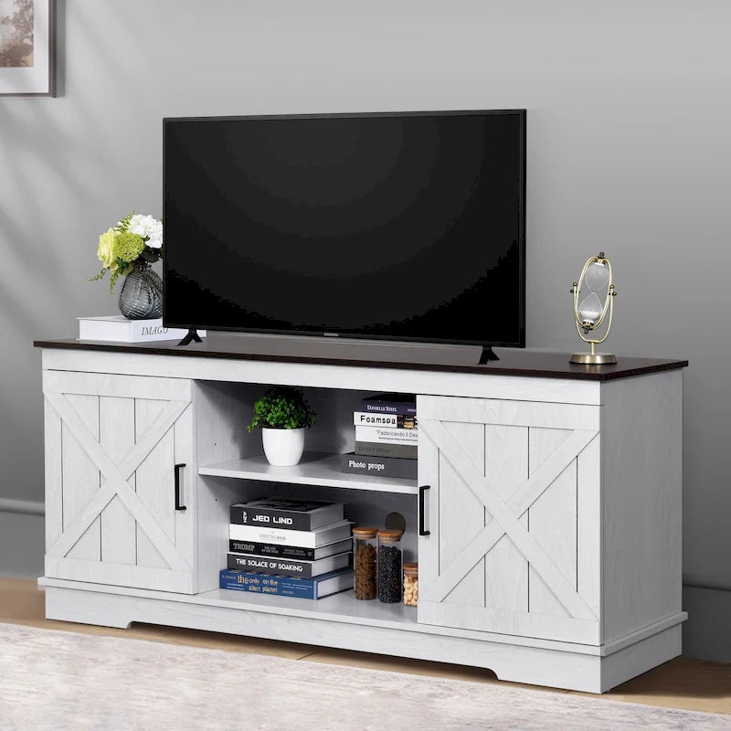 Meuble TV de ferme Moasis avec console média de porte de grange et centre de divertissement avec armoires de rangement
