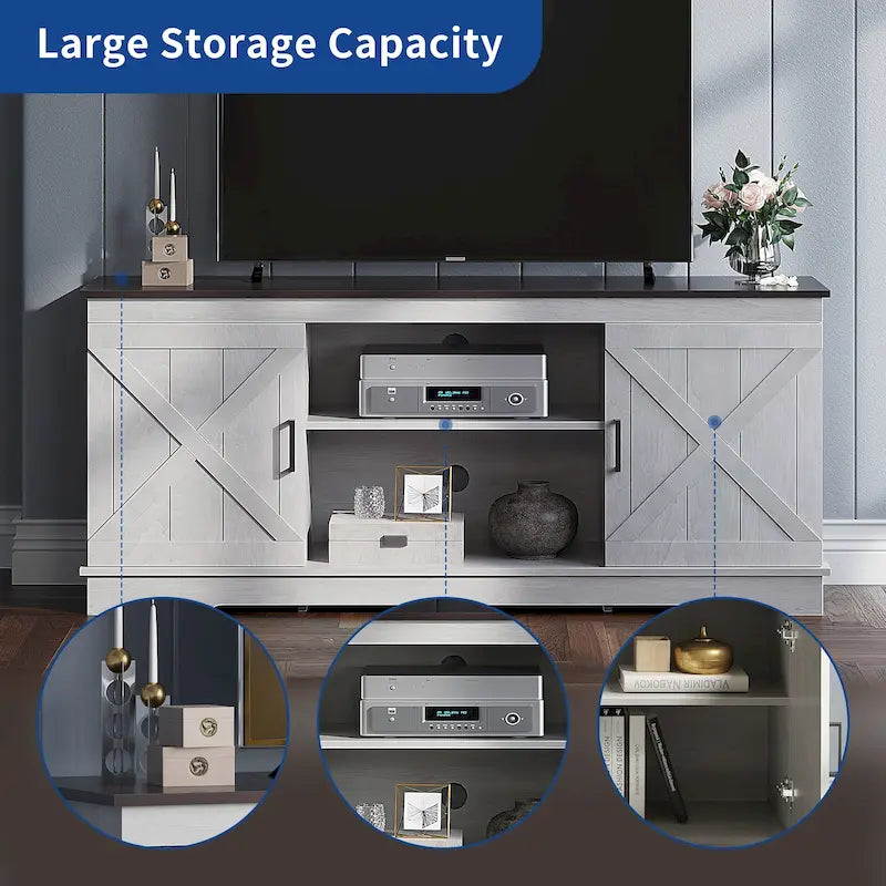 Meuble TV de ferme Moasis avec console média de porte de grange et centre de divertissement avec armoires de rangement