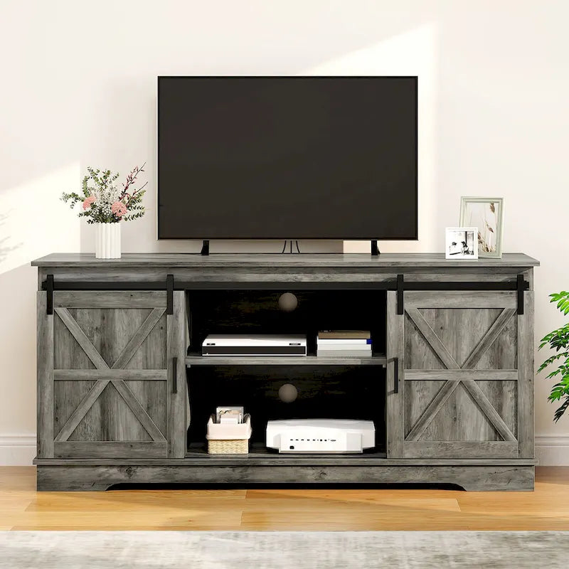 Meuble TV de ferme Moasis avec console média de porte de grange et centre de divertissement avec armoires de rangement