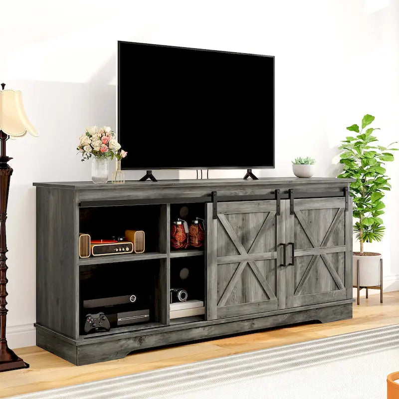 Meuble TV de ferme Moasis avec console média de porte de grange et centre de divertissement avec armoires de rangement