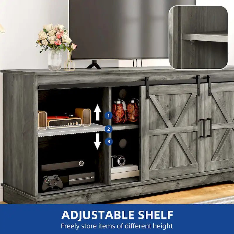 Meuble TV de ferme Moasis avec console média de porte de grange et centre de divertissement avec armoires de rangement