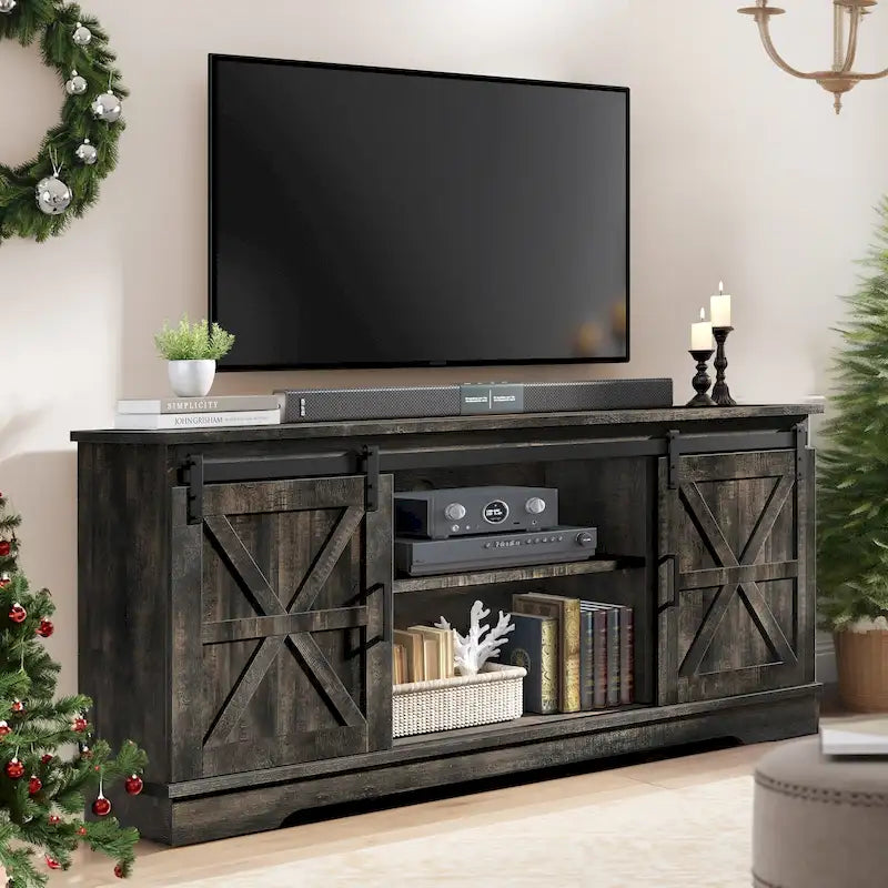 Meuble TV de ferme Moasis avec console média de porte de grange et centre de divertissement avec armoires de rangement