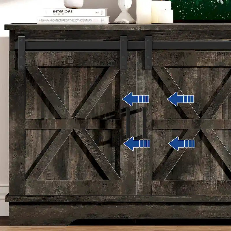Meuble TV de ferme Moasis avec console média de porte de grange et centre de divertissement avec armoires de rangement