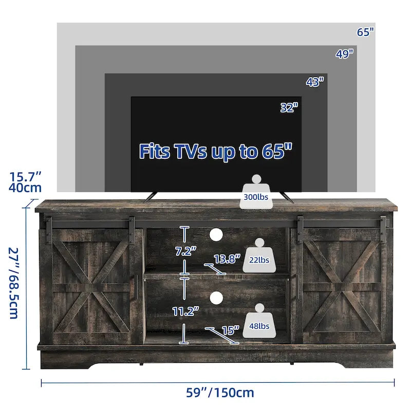 Meuble TV de ferme Moasis avec console média de porte de grange et centre de divertissement avec armoires de rangement
