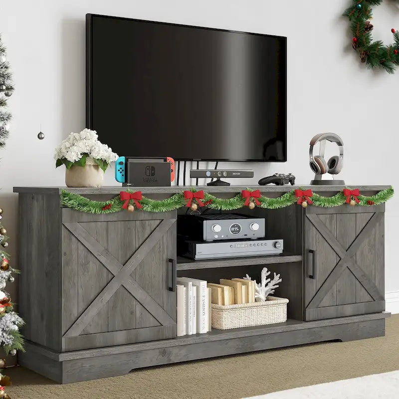 Meuble TV de ferme Moasis avec console média de porte de grange et centre de divertissement avec armoires de rangement