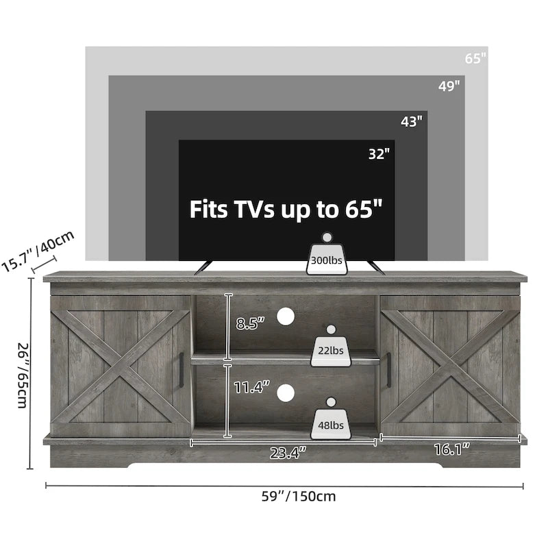 Meuble TV de ferme Moasis avec console média de porte de grange et centre de divertissement avec armoires de rangement
