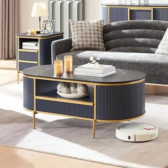 Table basse moderne de luxe à panneaux cannelés, table d'appoint avec plateau en faux marbre