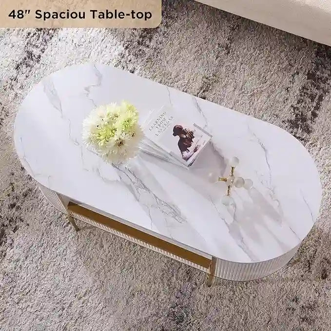 Table basse moderne de luxe à panneaux cannelés, table d'appoint avec plateau en faux marbre