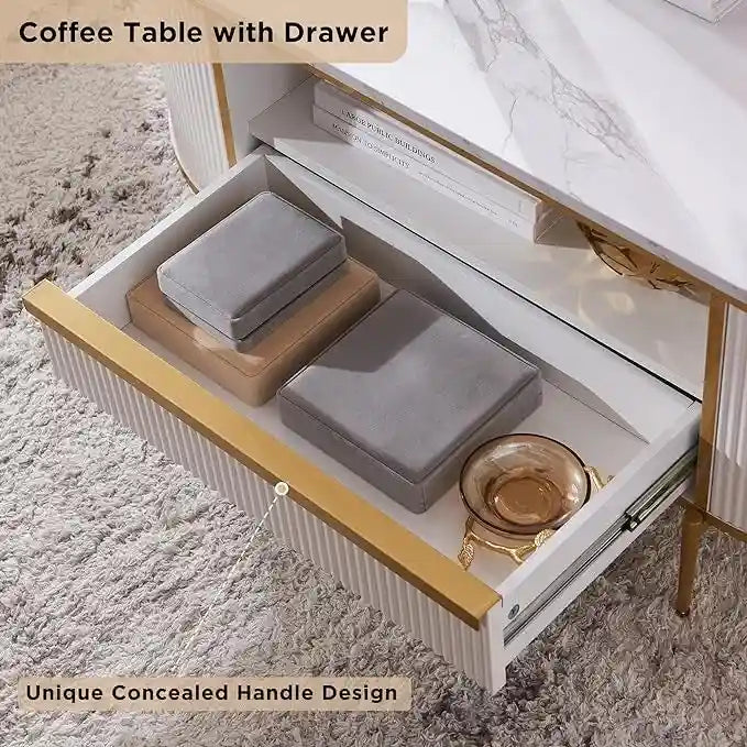 Table basse moderne de luxe à panneaux cannelés, table d'appoint avec plateau en faux marbre