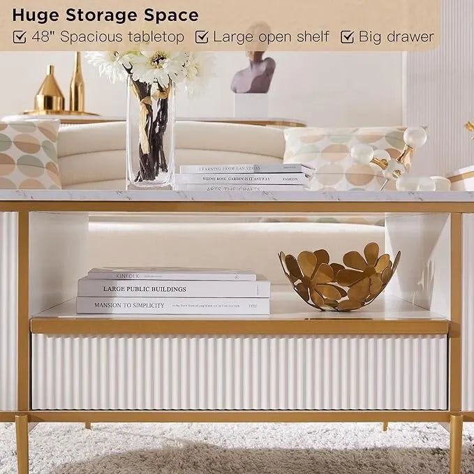 Table basse moderne de luxe à panneaux cannelés, table d'appoint avec plateau en faux marbre