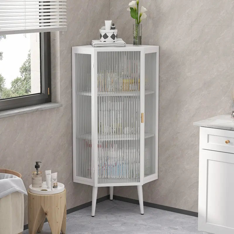 22.25 Armoire d'angle, trois niveaux avec portes en verre trempé et étagères de rangement