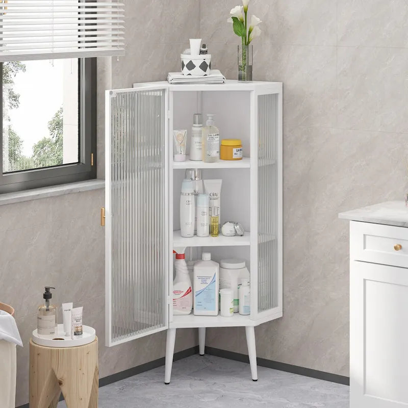 22.25 Armoire d'angle, trois niveaux avec portes en verre trempé et étagères de rangement