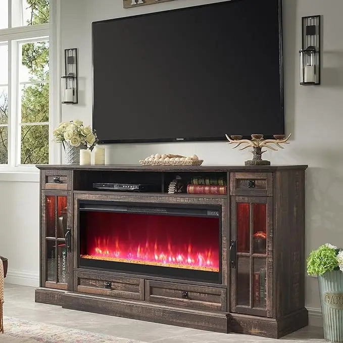 Meuble TV de ferme de 70 po avec cheminée, centre de divertissement, table console