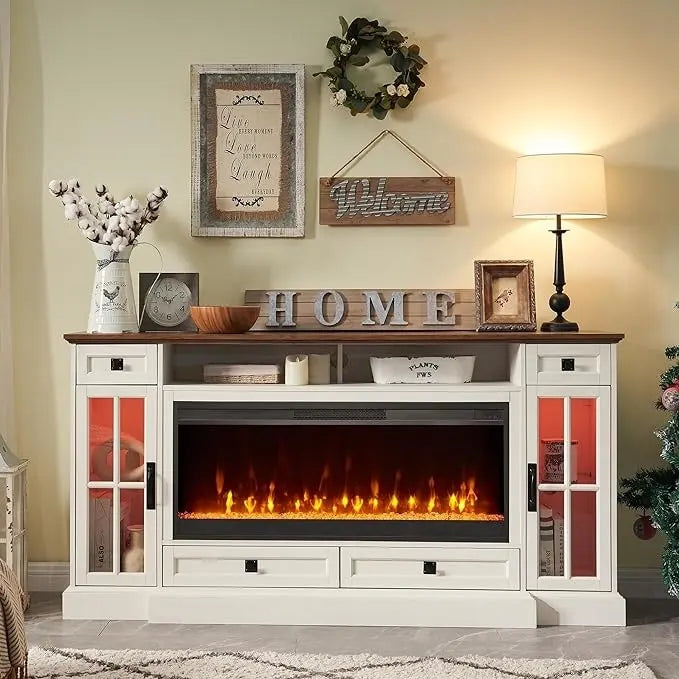 Meuble TV de ferme de 70 po avec cheminée, centre de divertissement, table console