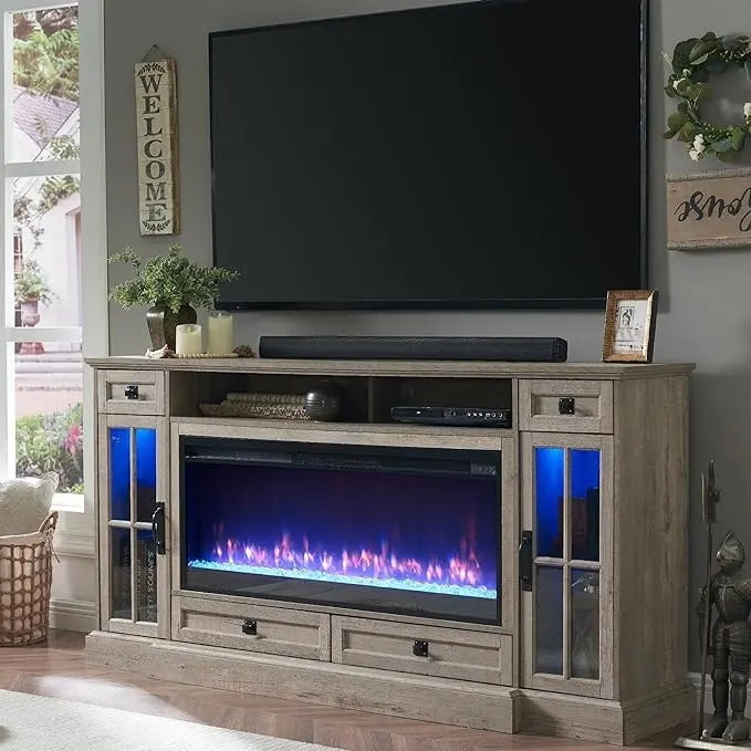 Meuble TV de ferme de 70 po avec cheminée, centre de divertissement, table console