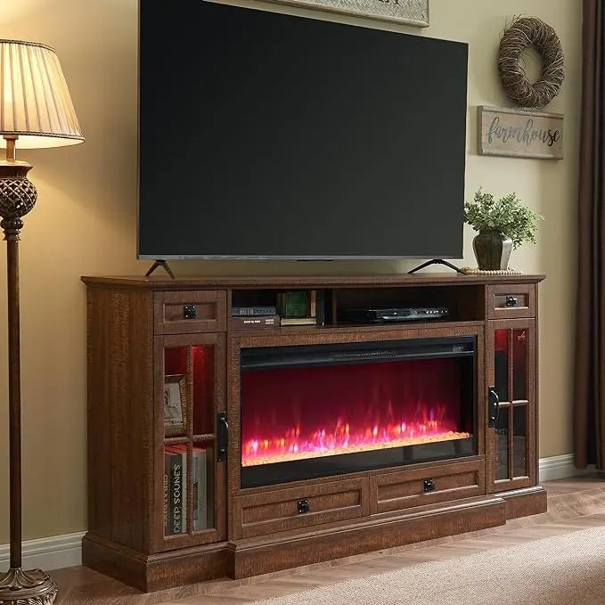 Meuble TV de ferme de 70 po avec cheminée, centre de divertissement, table console
