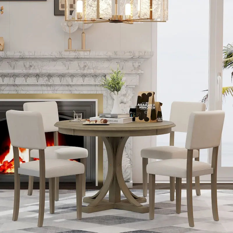 Ensemble de salle à manger 5 pièces avec table ronde, pieds de table incurvés de style tréteau et 4 chaises
