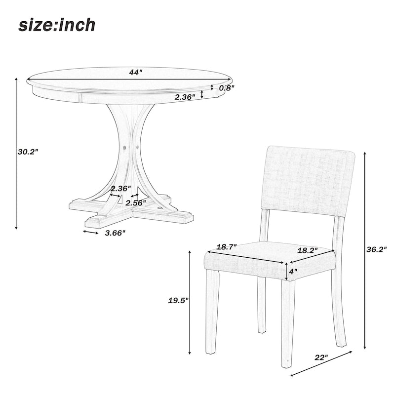 Ensemble de salle à manger 5 pièces avec table ronde, pieds de table incurvés de style tréteau et 4 chaises