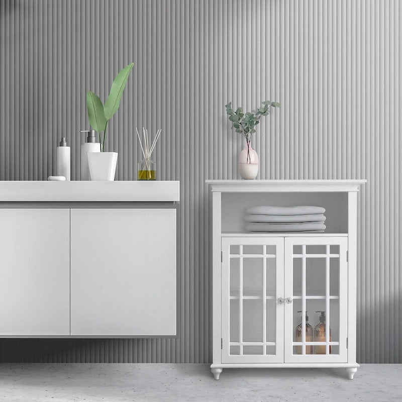 Teamson Home Neal Wooden Freestanding Two-Door Floor Cabinet with Glass Paneled Doors and Open Fixed Shelf