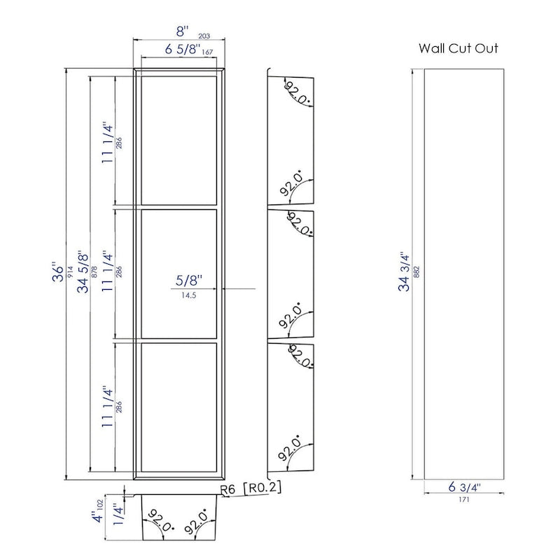 ALFI brand 8  x 36  White Matte Stainless Steel Vertical Triple Shelf Bath Shower Niche