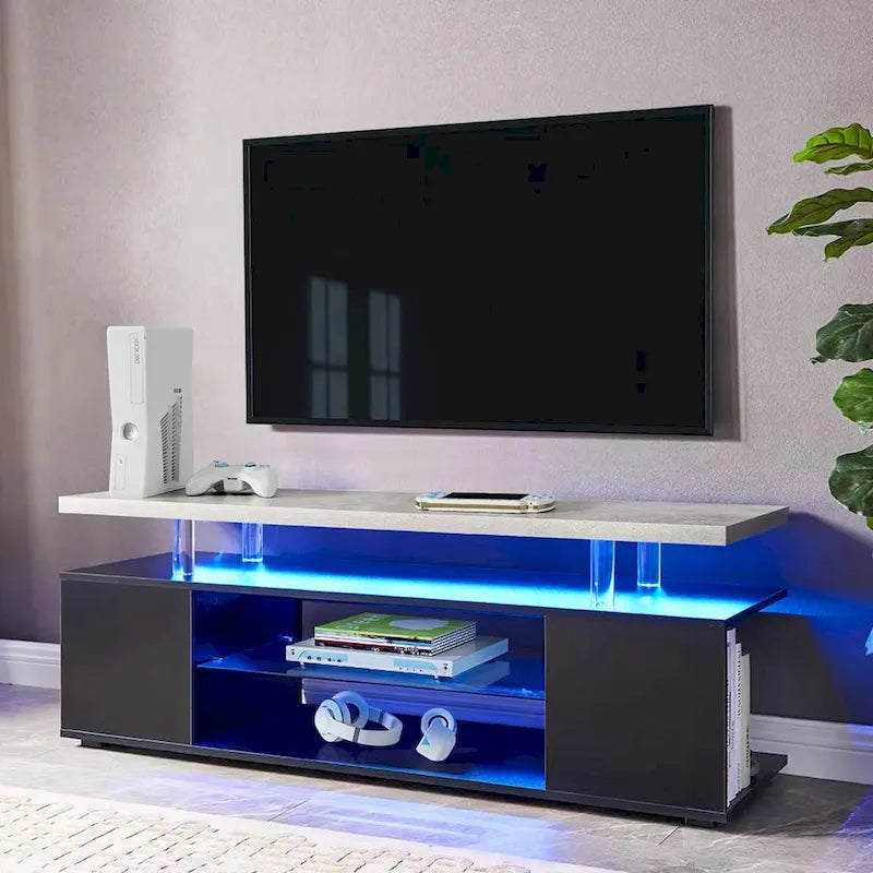 Center Media Storage Console Table with Large Side Cabinet for Living Room - White